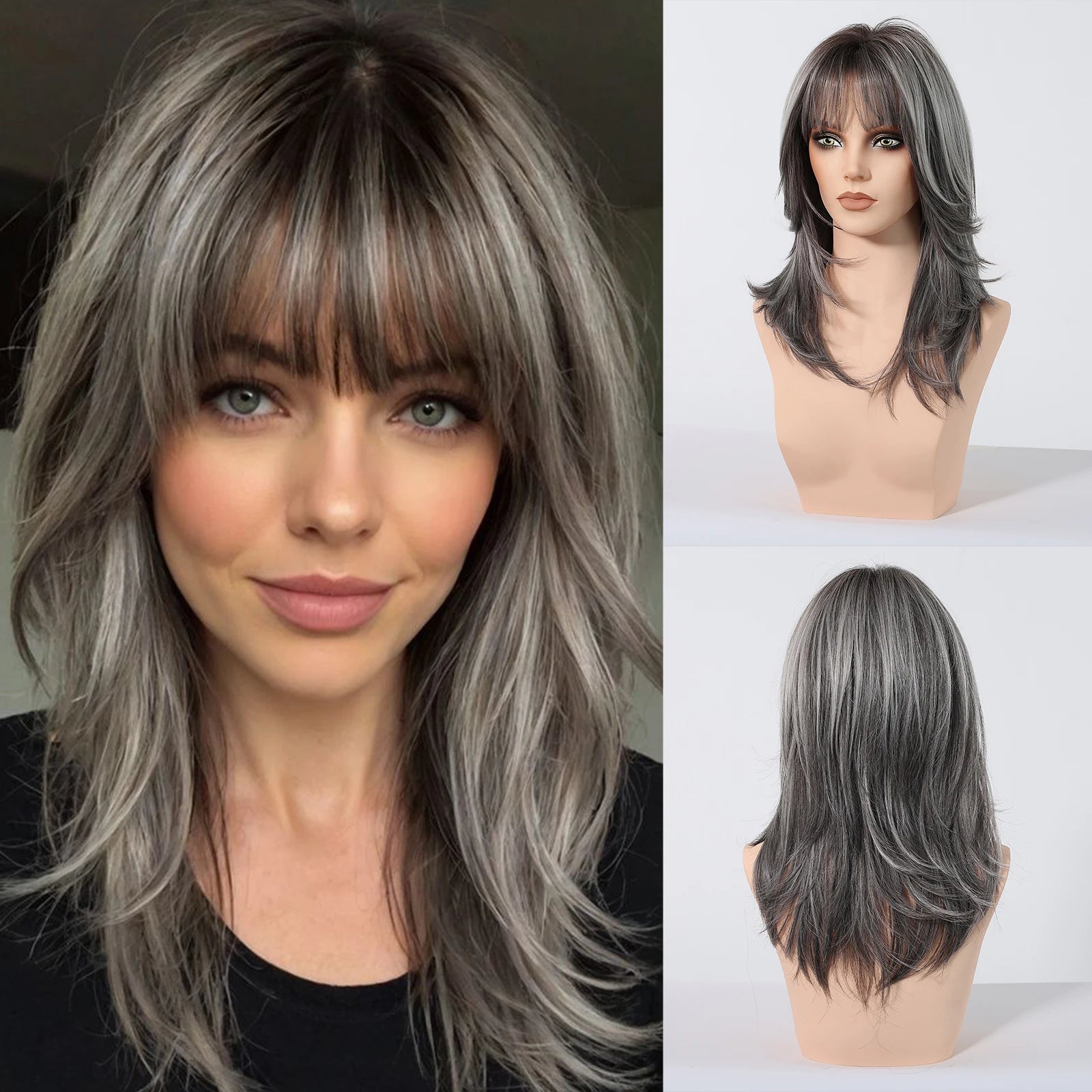 Wig – Medium-Length Layered Straight Bangs – Synthetic Hair – Grey | KIMLUD