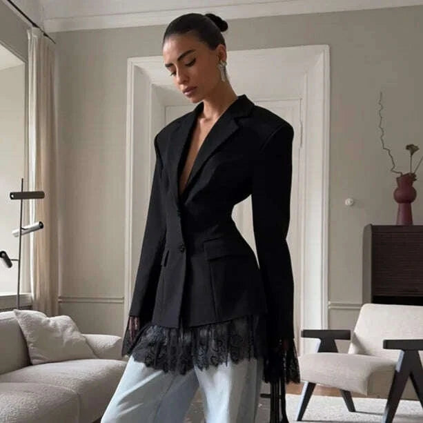 KIMLUD, 2025 Autumn and Winter New Fashion Black Small Suit Solid Jacket Design Sense Lace Splicing Commuting Long Sleeved Top Coat, KIMLUD Womens Clothes