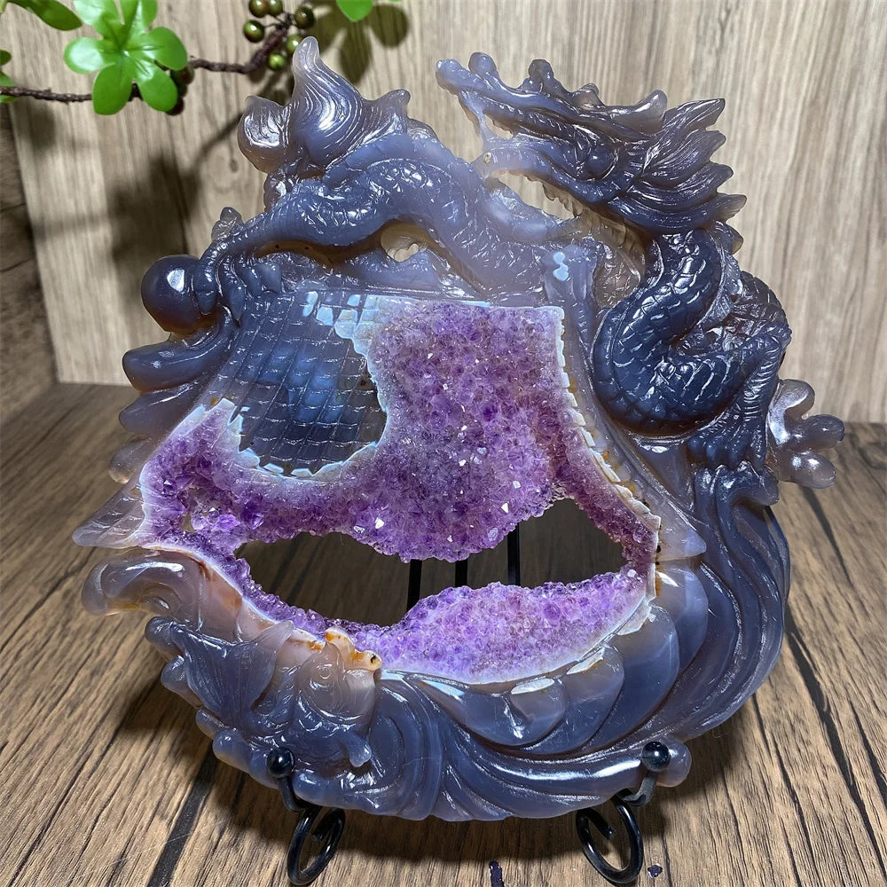 Amethyst Geode Dragon Carving Hand-Carved — Purple | KIMLUD
