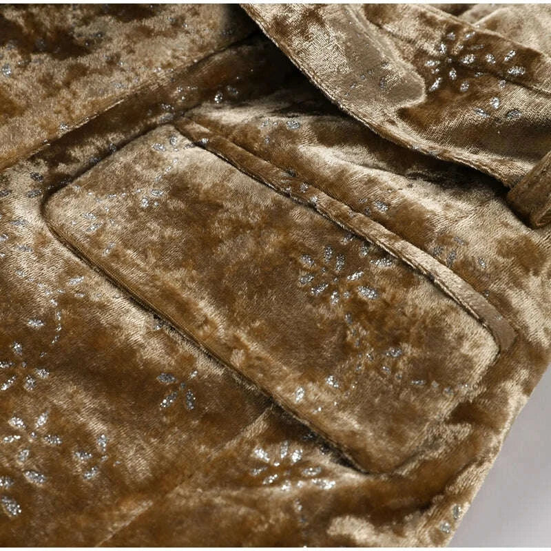 KIMLUD, Fashion Velvet Print Lapel Belt Suit Pant Set Women Solid Lace Up Full Sleeve Blazer Wide Leg Cuffed Pants 2025 Autumn Lady Sets, KIMLUD Womens Clothes