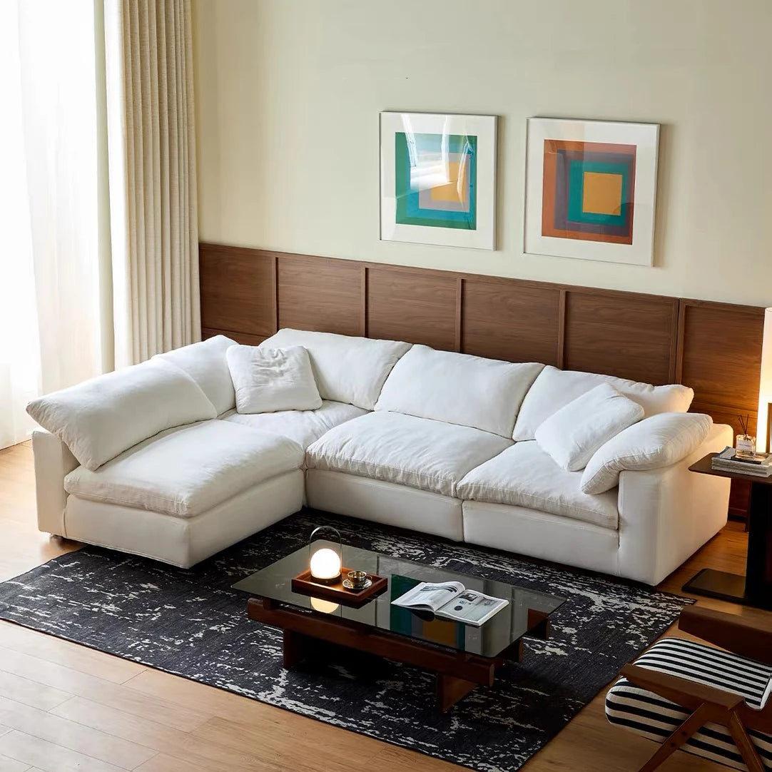 Velvet L-Shaped Sofa With Two-Three Seater Config — Ivory | KIMLUD