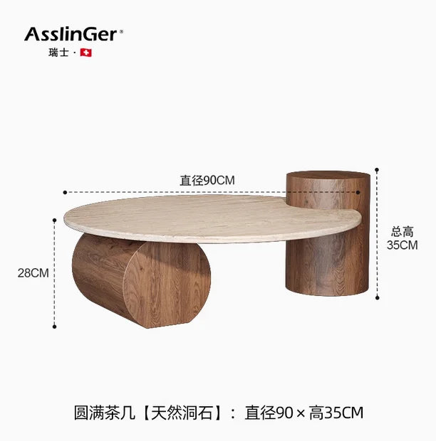 Nordic Minimalist Travertine Side Table Round Top With Solid Wood Pedestal — Beige | KIMLUD