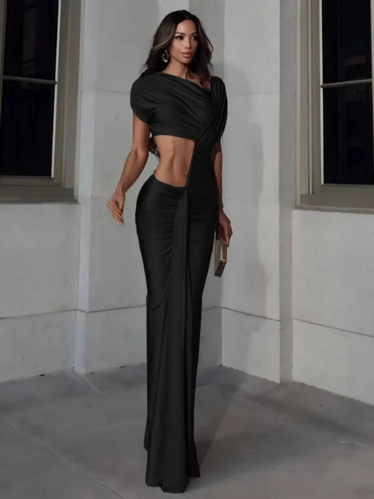 Irregular Hollow Dress Women Ruched Diagonal Collar Shorts Sleeve Waistless Slits Street Trend Elegant Long Bodycon 0V01