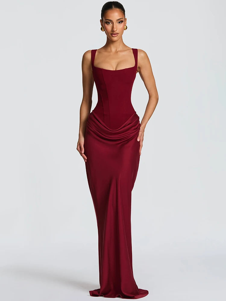 Backless Maxi Dress With Square Collar — Burgundy | KIMLUD