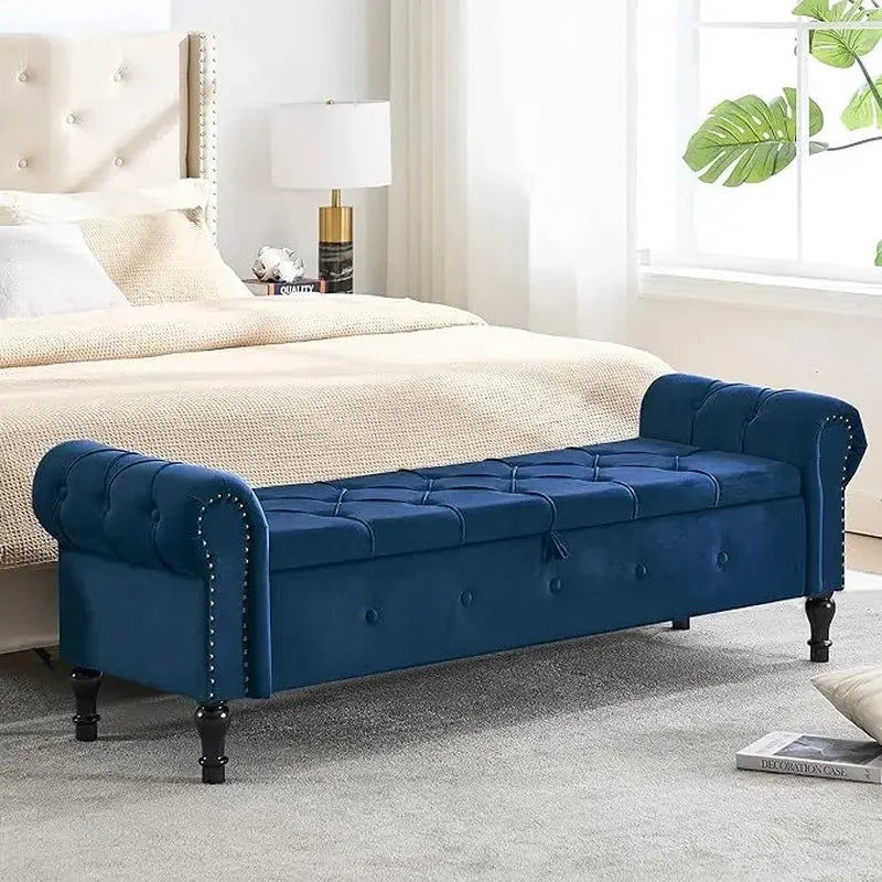 Velvet Tufted Storage Bench, 67" Bedroom End of Bed Bench, King Size with Rolled Arms, Button Ottoman Bench