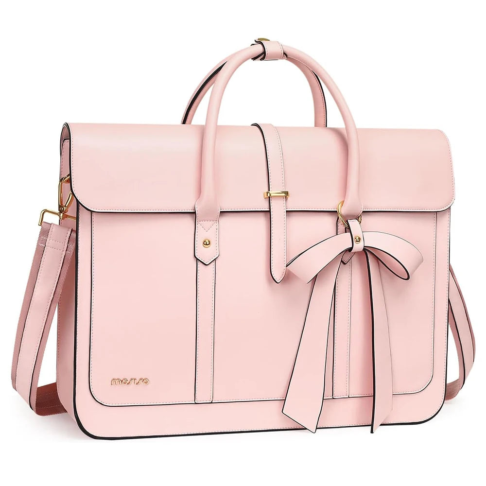 PU Leather Tote Bag 15.6 Inch Laptop Compartment Bow Strap Accent — Coral Pink | KIMLUD