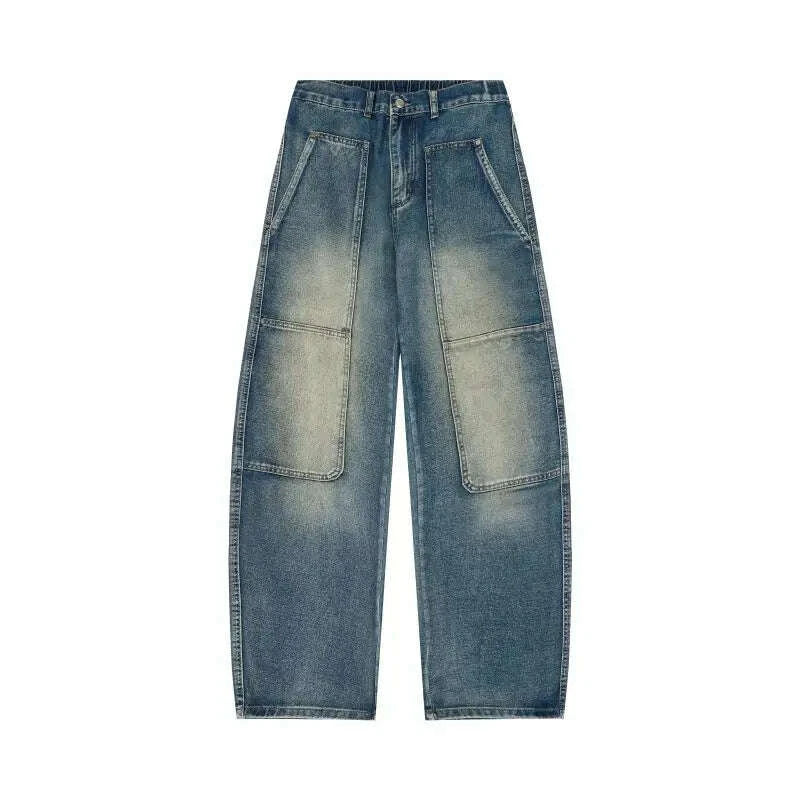 KIMLUD, Men's Jeans Spring And Autumn Fashion Straight Tube Loose Washed Casual American Retro Original Color Wide Rivet Logging Pants, KIMLUD Womens Clothes