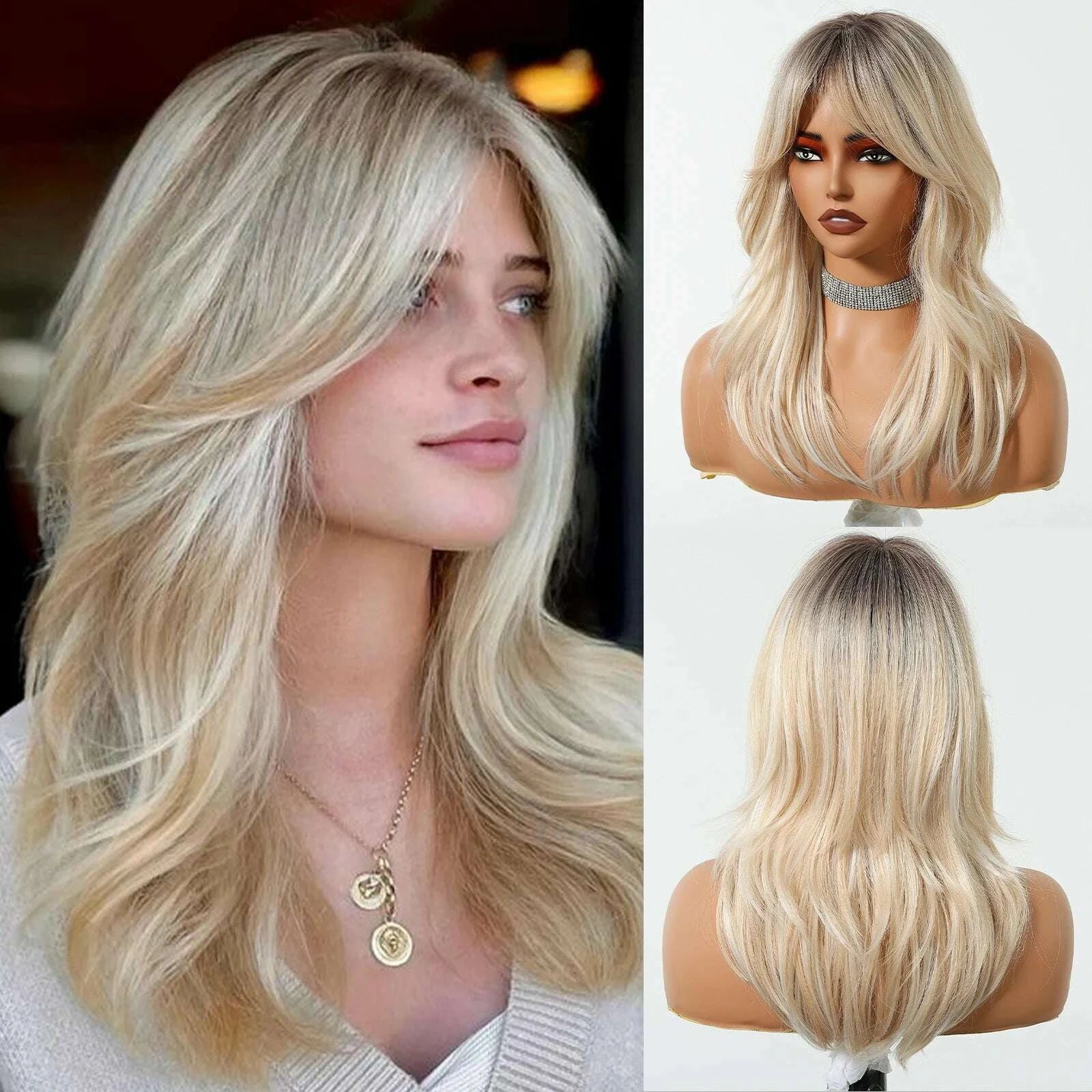 KIMLUD, Golden Blonde Mixed Synthetic Wig Dark Root Wavy Hair With Side Bangs for Women Daily Party Cosplay wig Heat Resistant Fiber, KIMLUD Womens Clothes