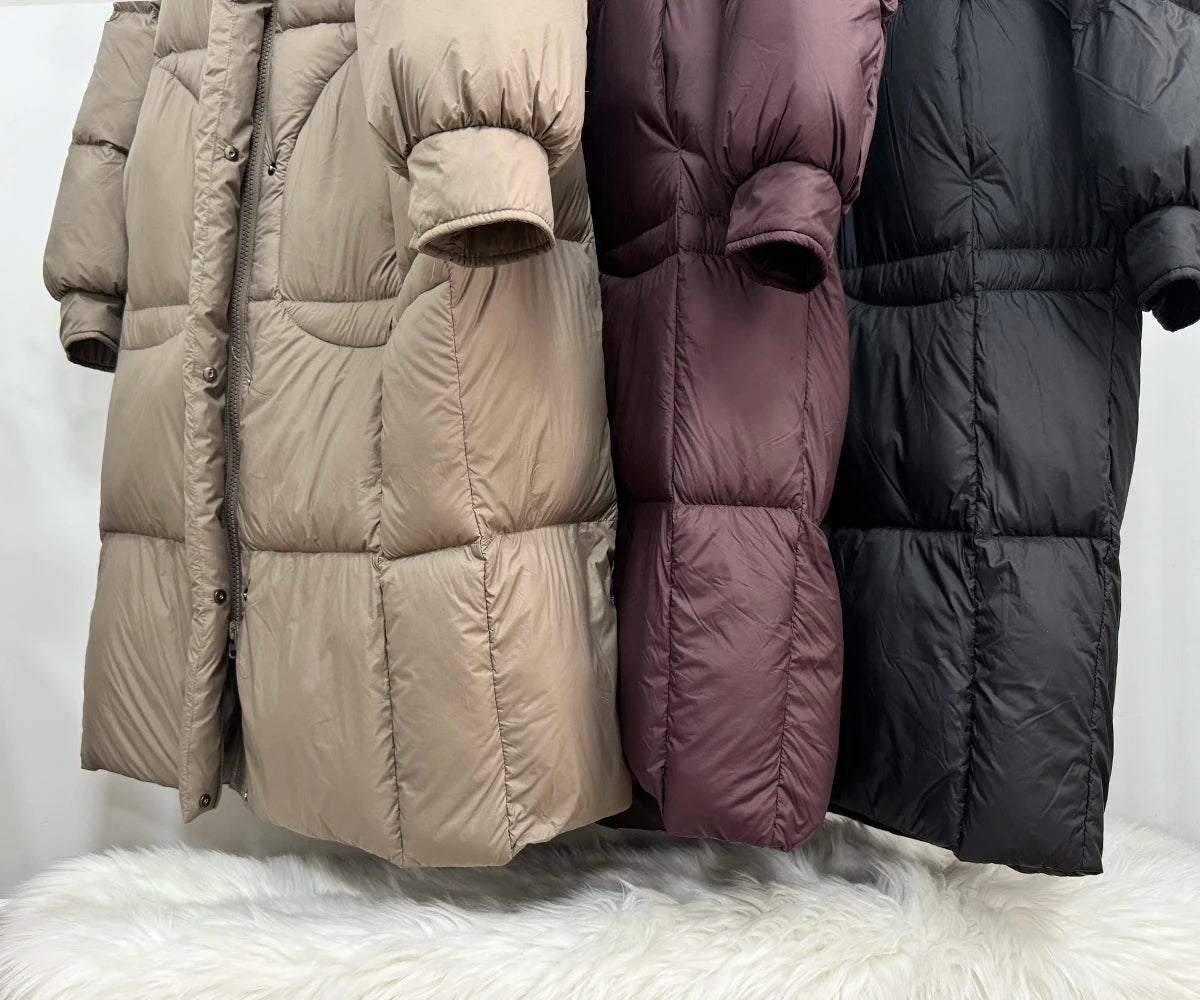 Hirsionsan Winter Long Solid Hooded Puffer Clothing Women Loose Casual White Duck Down Jackets Retro Streetwear Simple Warm Coat