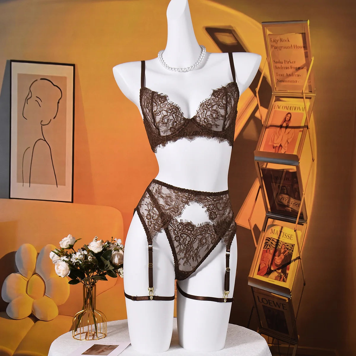 Ellolace Elegant Lingeries Sexy Hot Exclusive Coffee Bra Belt Thong 3PC with Leg Circles Cute Intimate Lace Tempted Tipsy Set