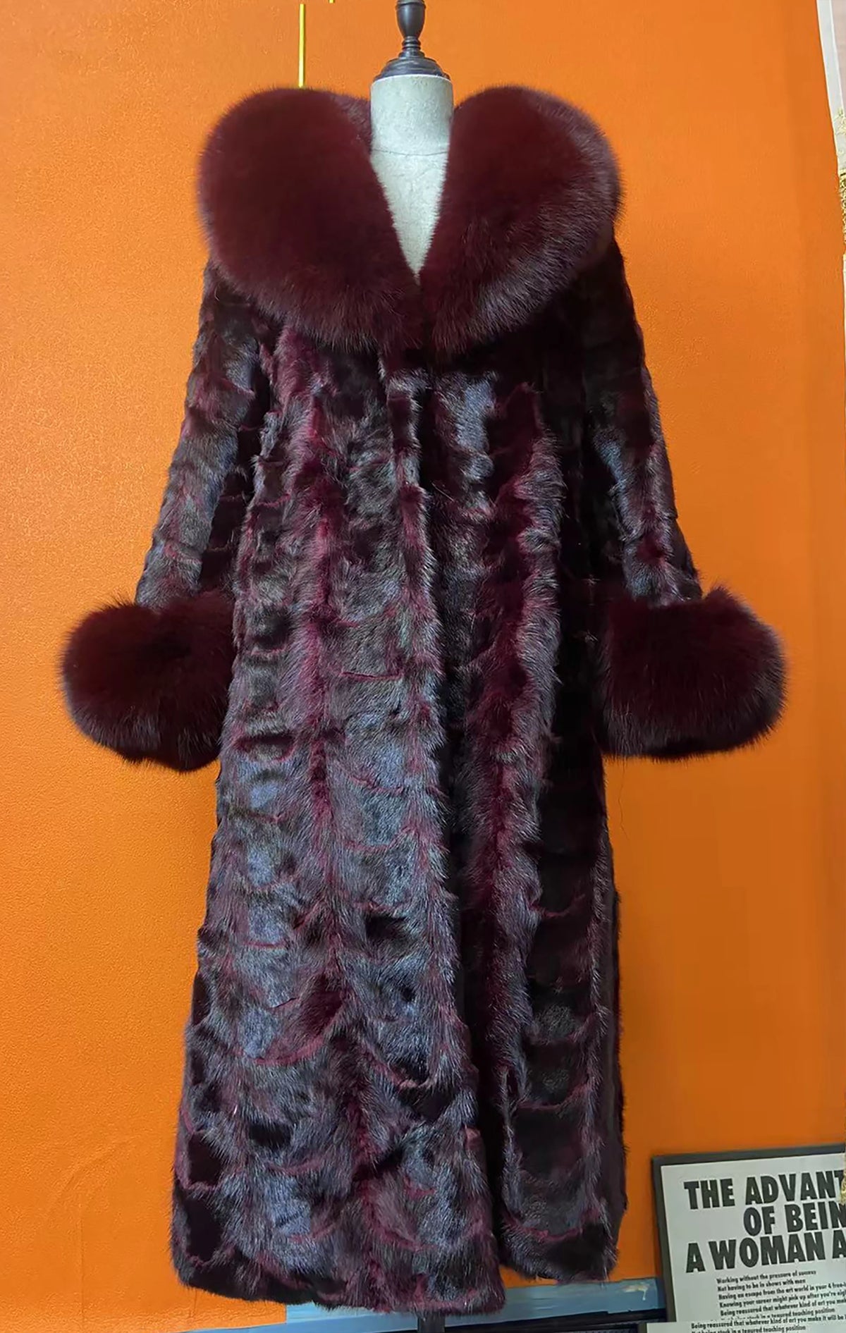 Mink Fur Coat – Real Fox Fur Trim Cuffs – Overcoat | KIMLUD