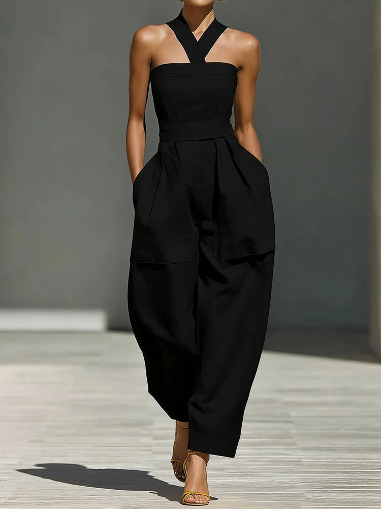 Hollow Patchwork Chic Halter Jumpsuit — Black | KIMLUD
