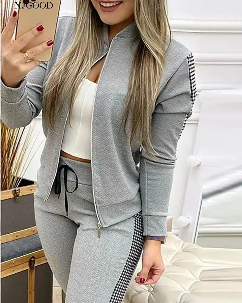 Sport Plaid Patchwork Long Sve Set Women's Casual Sportswear Polyester Fabric Zipper Closure Long Pants Two-Piece Set