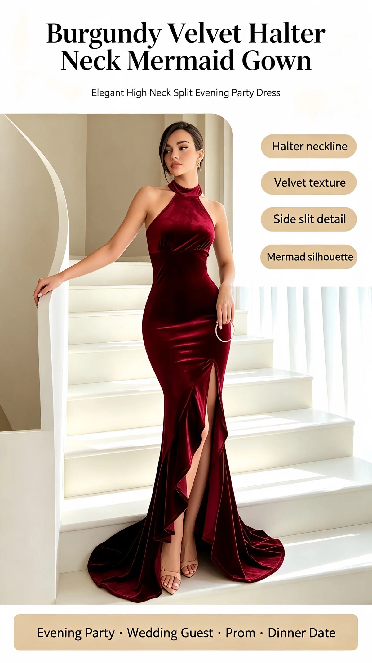 Mermaid Gown – Halter Neck – Polyester – Burgundy | KIMLUD