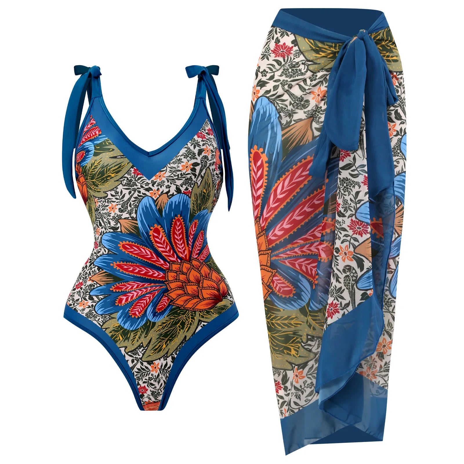 Halter Floral One Piece Swimsuit Skirt — Green | KIMLUD