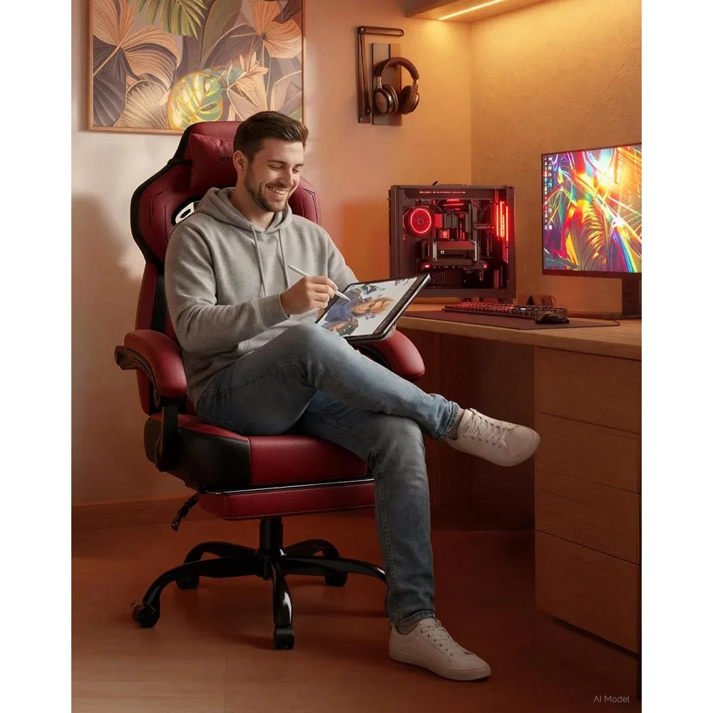 Gaming Chair – Ergonomic Design – Faux Leather – Wine Red | KIMLUD
