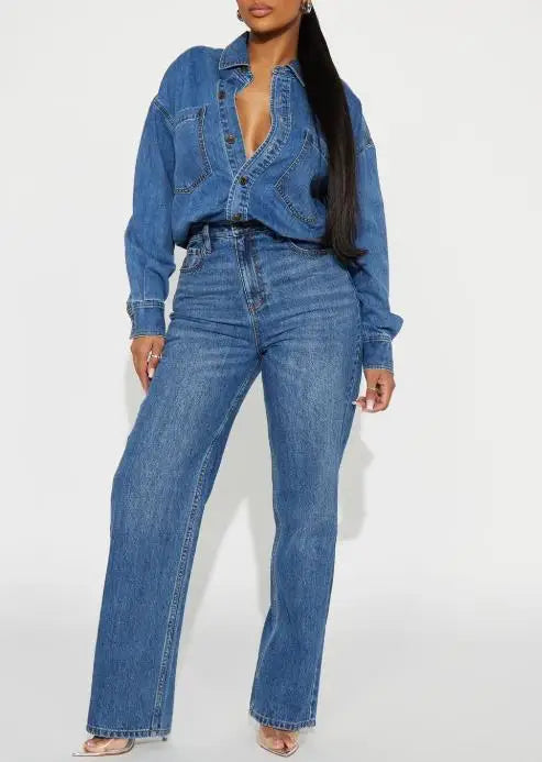 Denim Jumpsuit High Waist Pocket Turn-Down Collar — Deep Indigo | KIMLUD