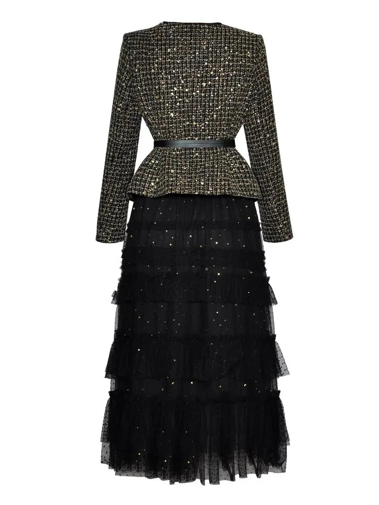 Two-Piece Set – Plaid Jacket And Mesh Ruffle Skirt – O-Neck Long Sleeve | KIMLUD