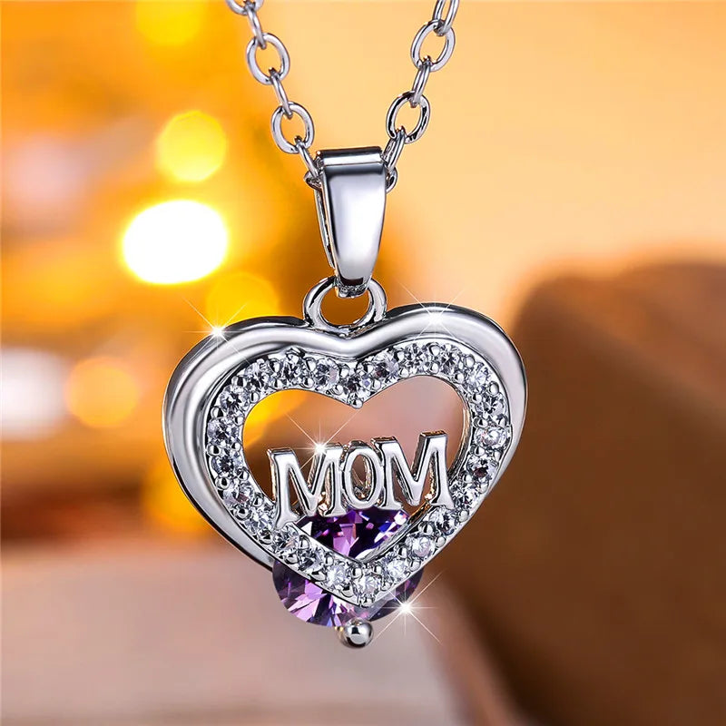 Crystal Luxury White Zircon Stone Heart Mom Letter Pendant Necklace Vintage Wedding Jewelry For Women Mother's Day Gift