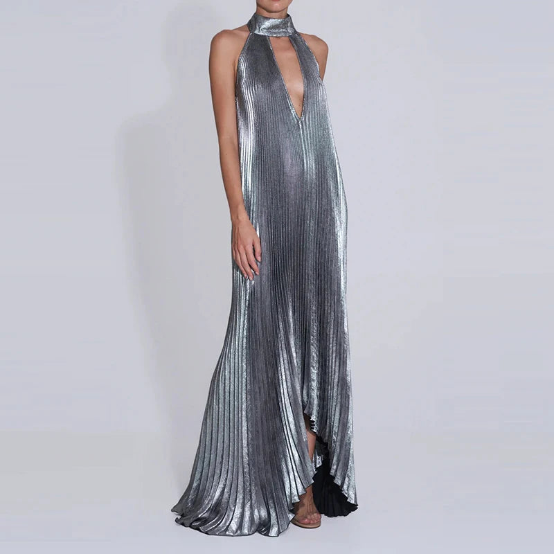 Women Sexy Hollow Out Halter Swing Dress Fashion Metallic Pleated Solid Long Dress Casual Sleeveless Backless Loose Party Dress