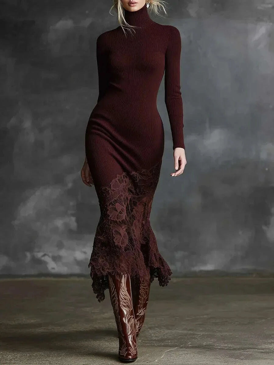 Women's Sexy Lace Splicing Long Dress High Neck Slim Fit Long Sleeve W