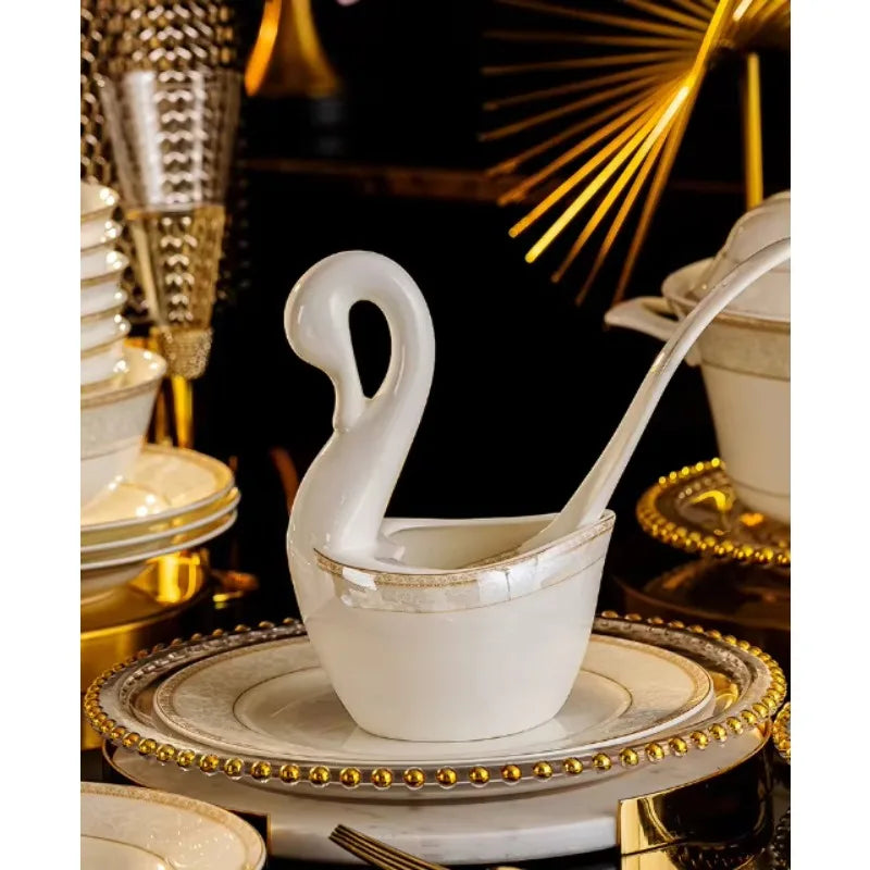 Bone China Tableware Set 60-Piece With Hand-Painted Gold Accents for Festive Tables — White with Gold Trim | KIMLUD