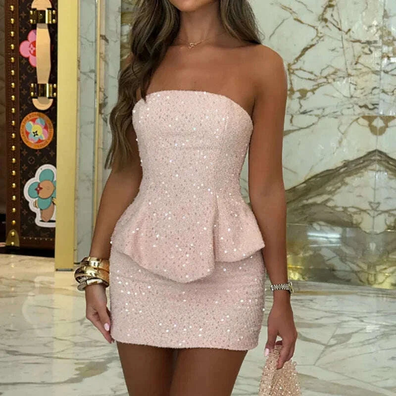 KIMLUD, Summer Hollow Out Backless Slim Fit Suit Fashion Sequin Banquet Outfit Sexy Strapless Top and Mini Skirt Women's Two Piece Sets, KIMLUD Womens Clothes