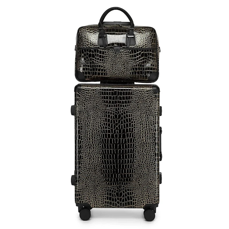 Aluminum Frame Crocodile Print Luggage Set — Black | KIMLUD