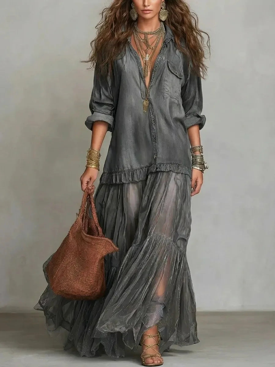 Organza Hem And Mesh Splice Dresses Polyester Maxi - Blue | KIMLUD