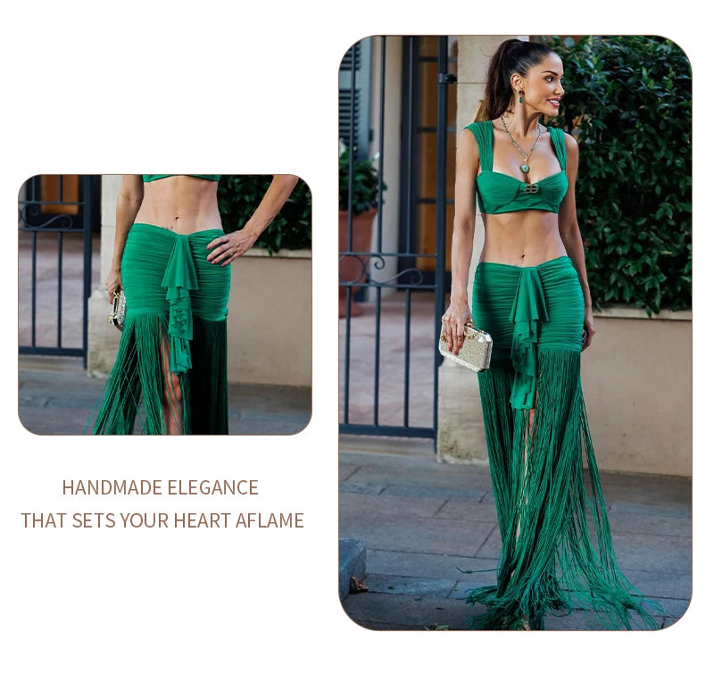 VC Fashion Summer Beach Green Tassel Dress And Cropped Top Set Ruched Waist Design for Vacation Party