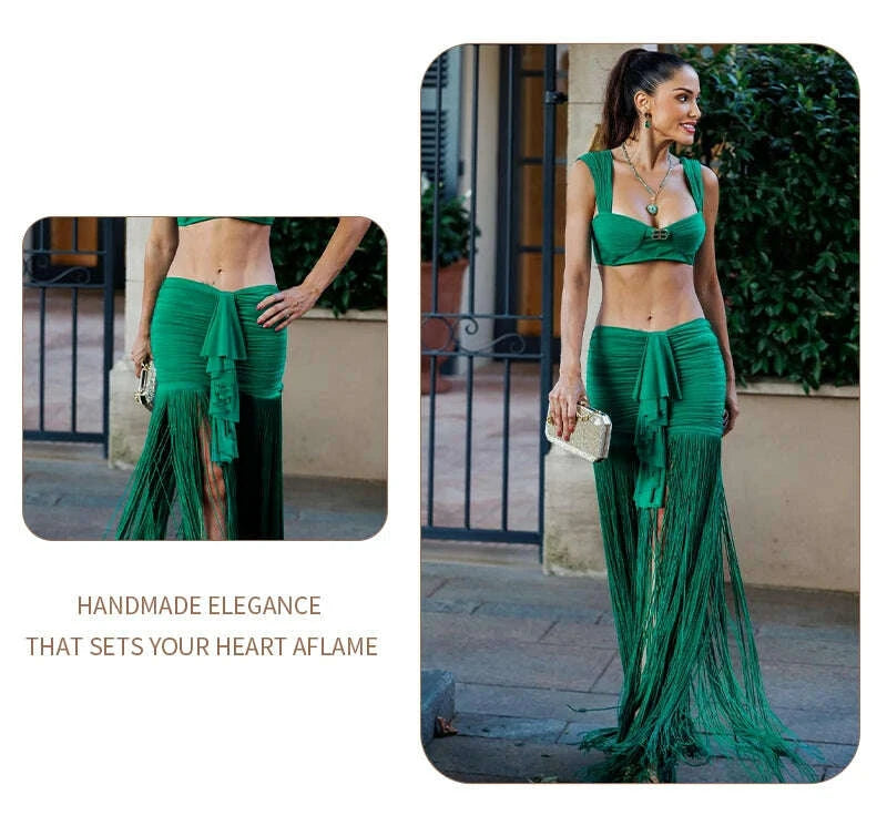KIMLUD, VC Fashion Summer Beach Green Tassel Dress And Cropped Top Set Ruched Waist Design for Vacation Party, KIMLUD Womens Clothes