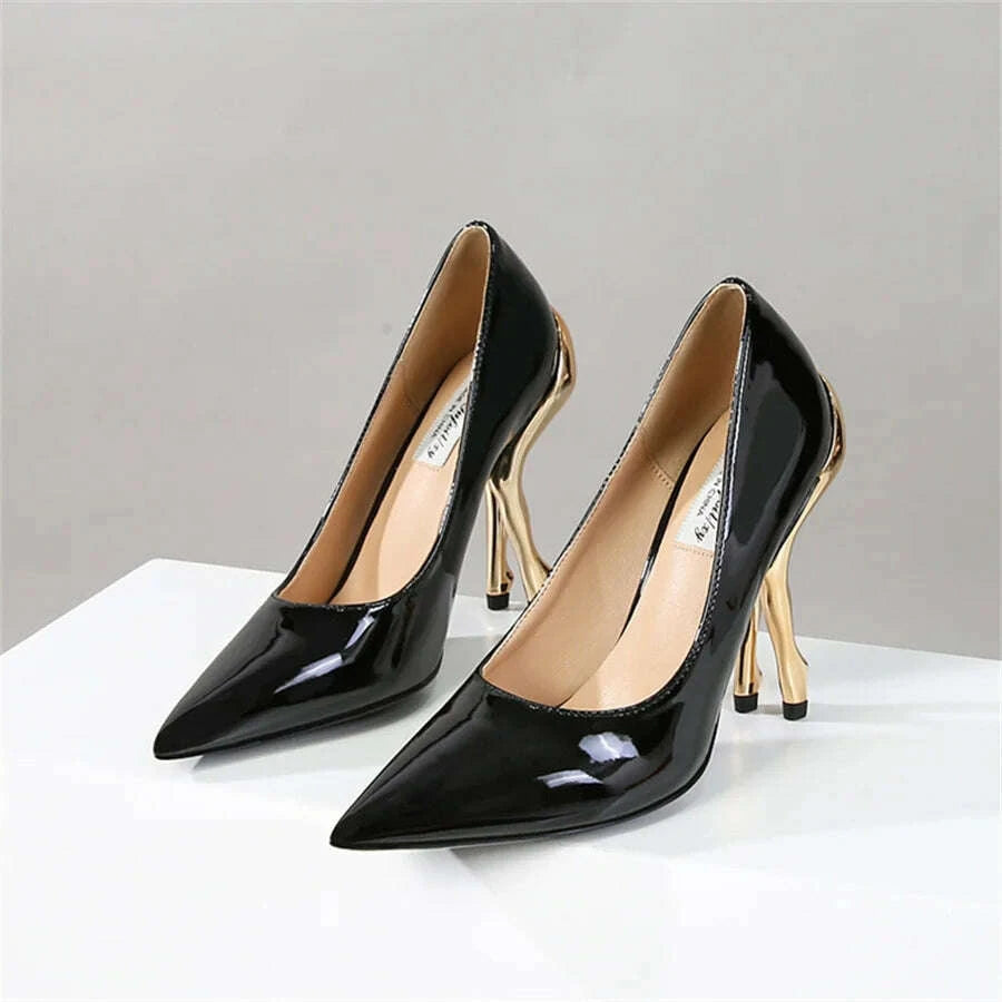 KIMLUD, Deigner Gold Hip High Heels Runway Women Pumps Pointed Toe Strange Heel Dress Shoes Black Patent Leather Ladies Stiletto, KIMLUD Womens Clothes