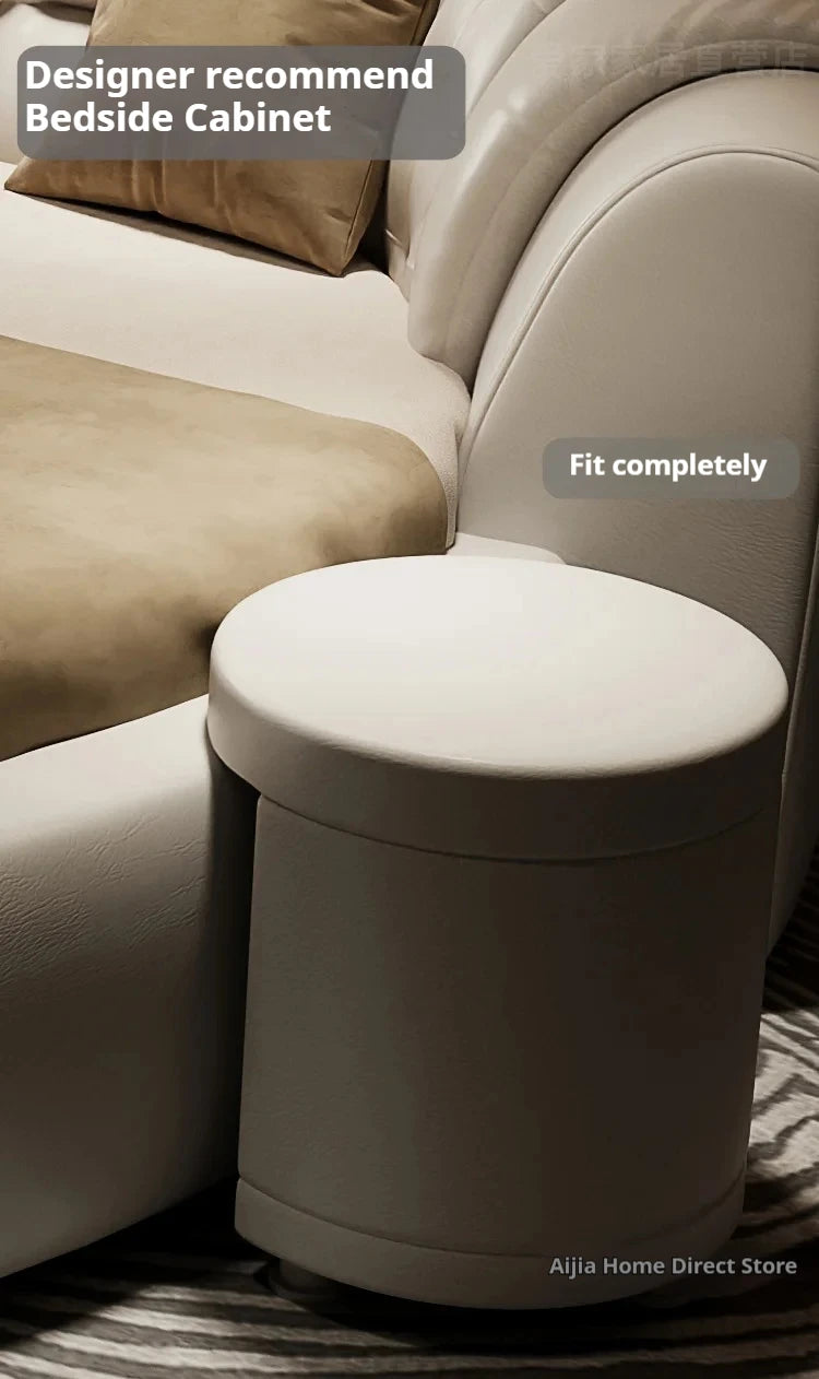 European Style Round Bed Luxury Leather Surface — Ivory White | KIMLUD