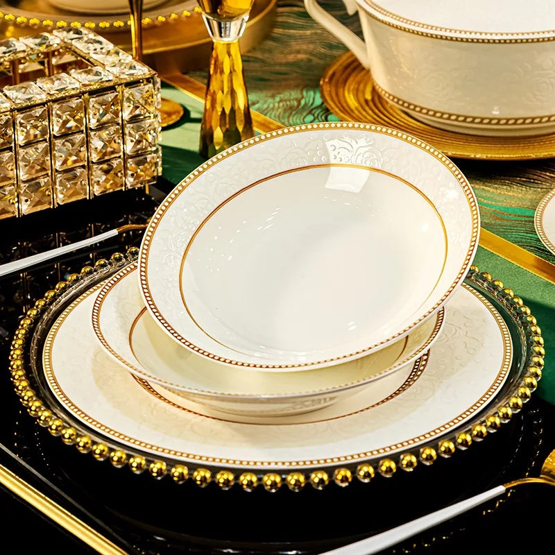 Bone China Bowl With Relief Rose And Gold Trim — White | KIMLUD