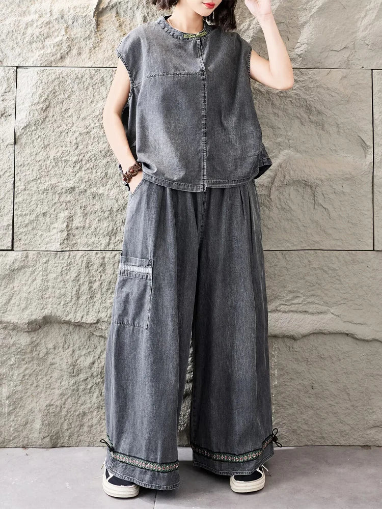 Amax LuluE Korean Summer Women Vintage 2 Pieces Sets Denim Suits Soild O Neck T-Shirts Fashion Jeans Causal Pants Loose Outfits