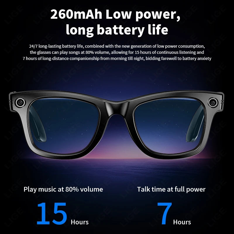 Smart Glasses Recording Videos AI Photo Recognition Answer Translation 260mAh Large Battery IP65 Waterproof Bluetooth Glasses