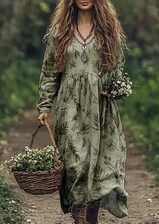 Boho Vintage Print Long Dresses For Women 2025 Casual V Neck Full Sleeve Splice High Waist Loose Dress Autumn Fashion Vestidos