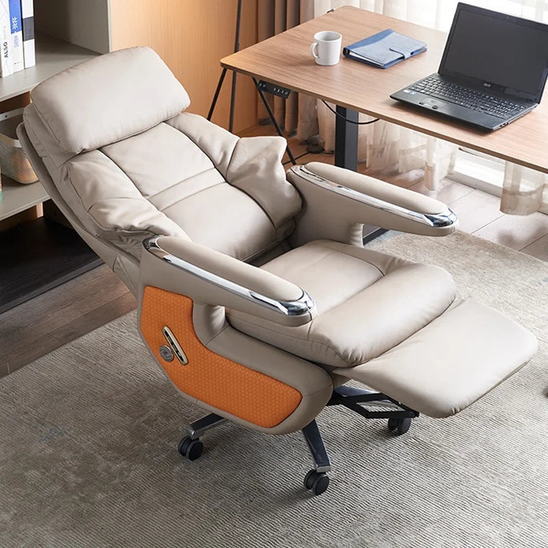 Leather Massaging Executive Office Chair — Beige | KIMLUD