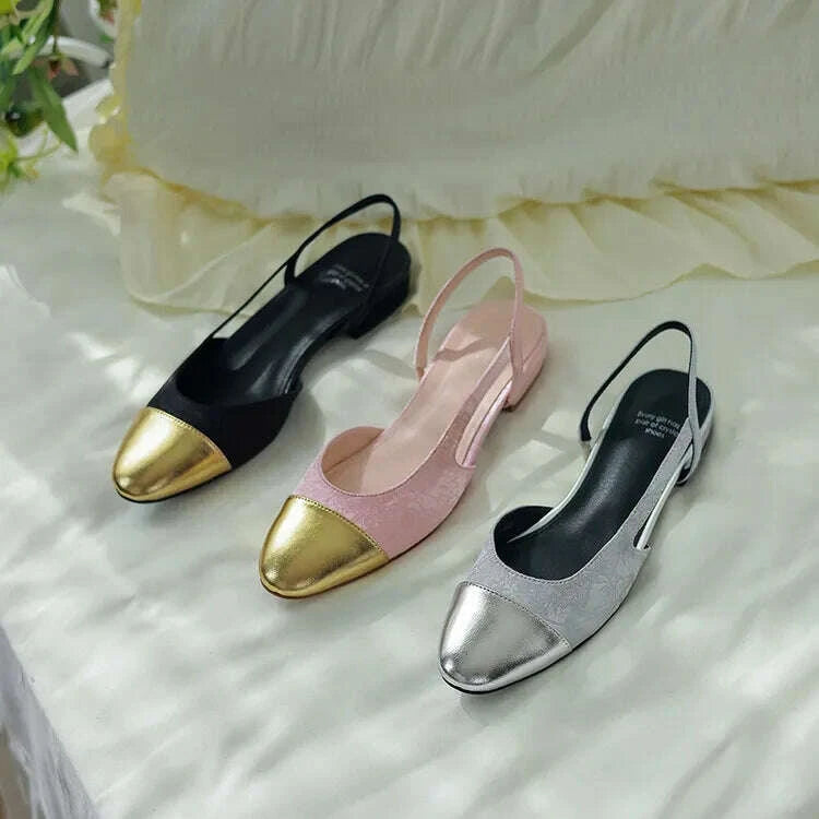 KIMLUD, Pink Silk Shallow Women Flats Gold Leather Mixed Slingback Casual Sandals Embroidery Silver Lady Moccasins Femininos Zapatos, KIMLUD Womens Clothes