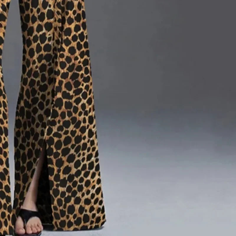 UOOZEE Women High Street Leopard Printed Pants 2025 New Arrivals Casual Loose Split-Front High-Waist Wide Leg Trousers Bottoms