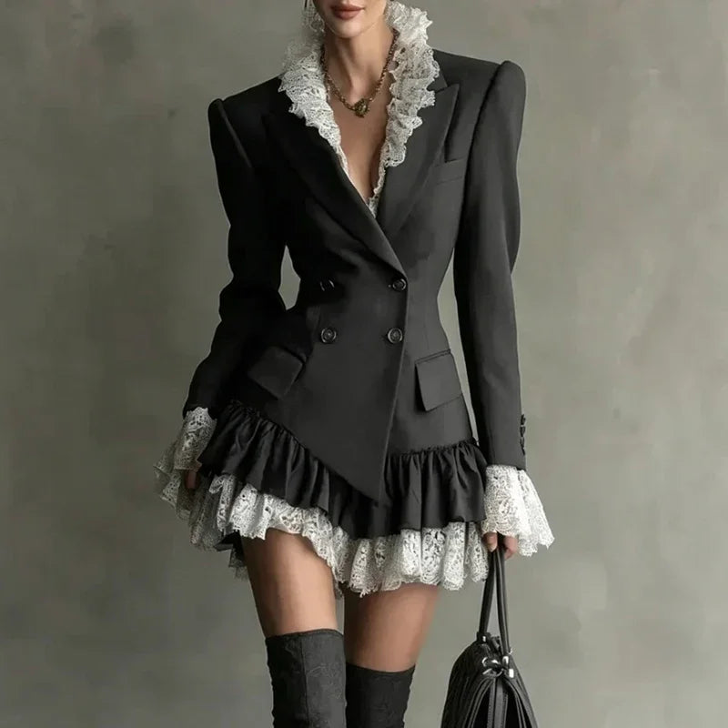 Blazer Dress – Double Breasted Lace Trim – Polyester | KIMLUD