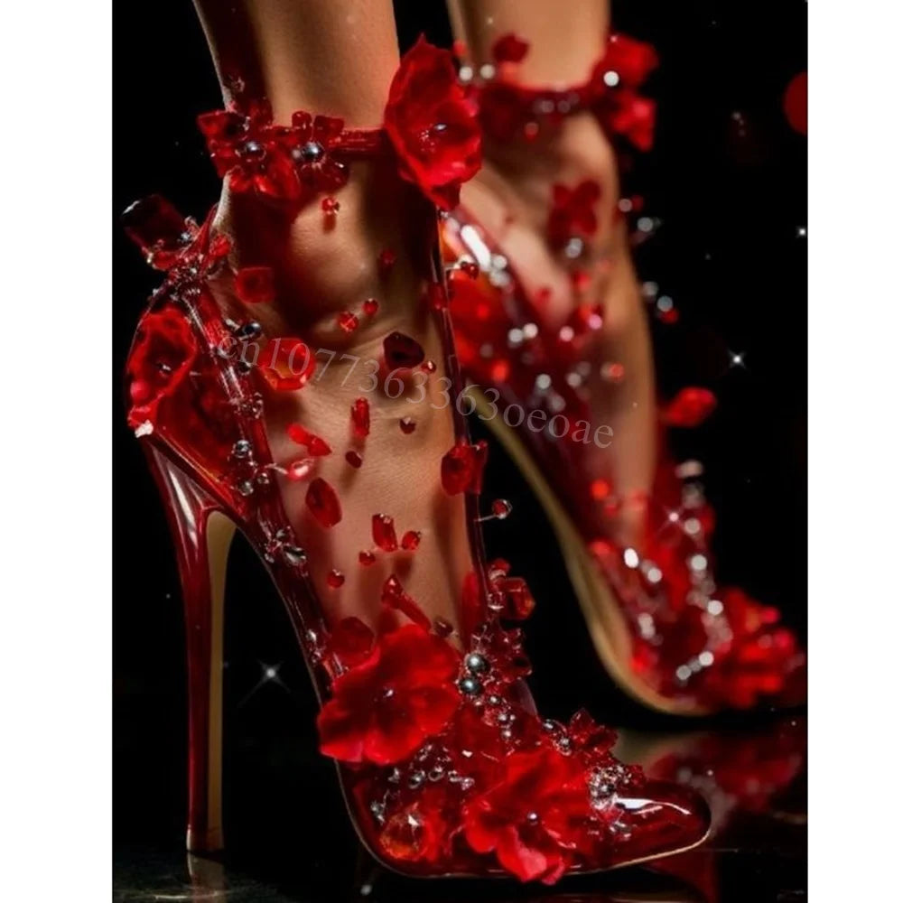 Transparent Pumps Red Flower Decor — Clear | KIMLUD