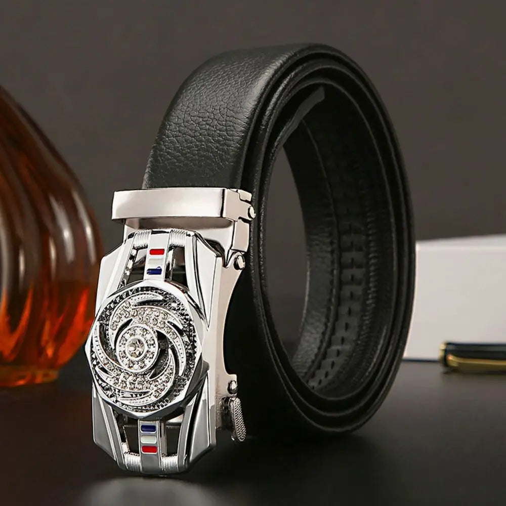 Leather Belt Rhinestone Buckle Automatic — Black | KIMLUD