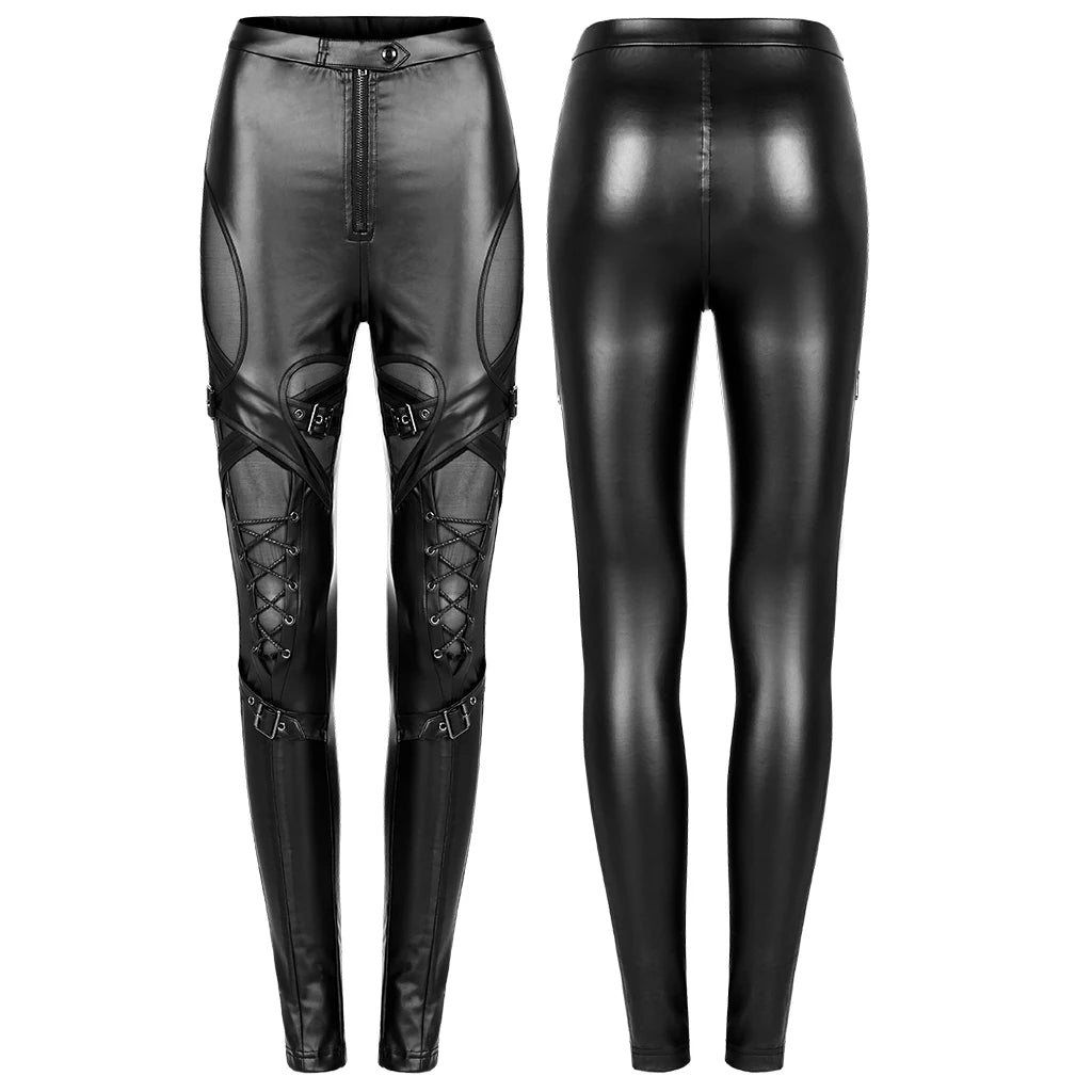 PUNK RAVE Gothic Skinny Imitation Leather Charm Sexy Pants Splicing with Mesh Punk Daily Simple Black Leggings Fashion