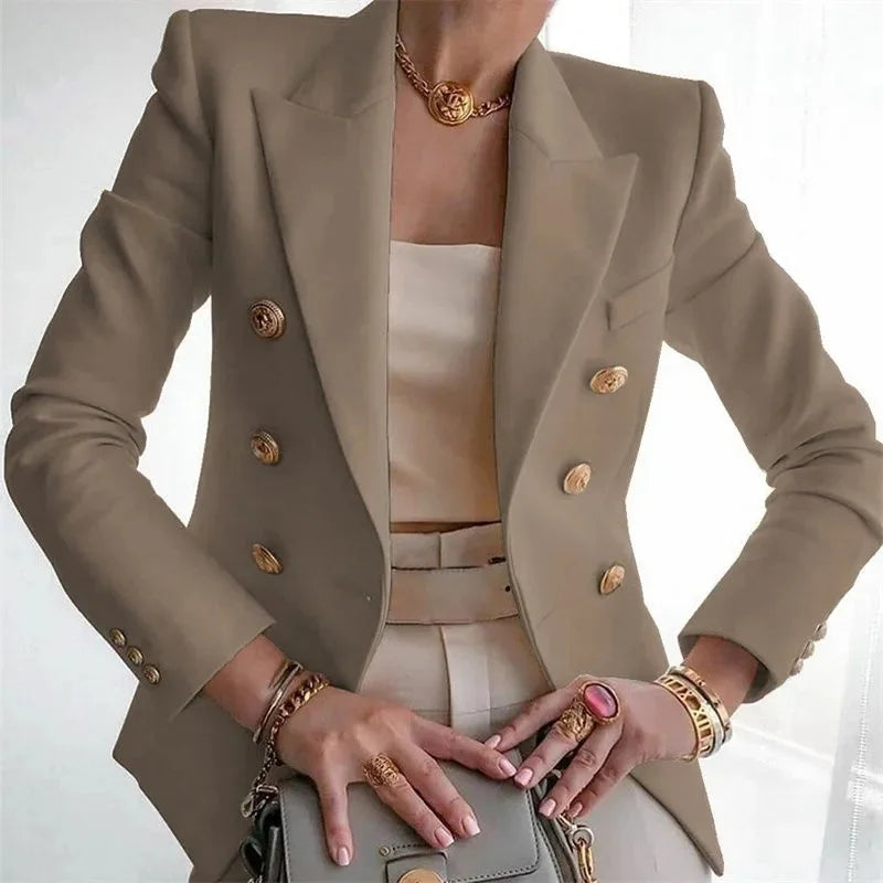 Women's Elegant Metal Buckle White Suit Jacket Casual Office lady Blazer High-end Feel Western-style Clothe