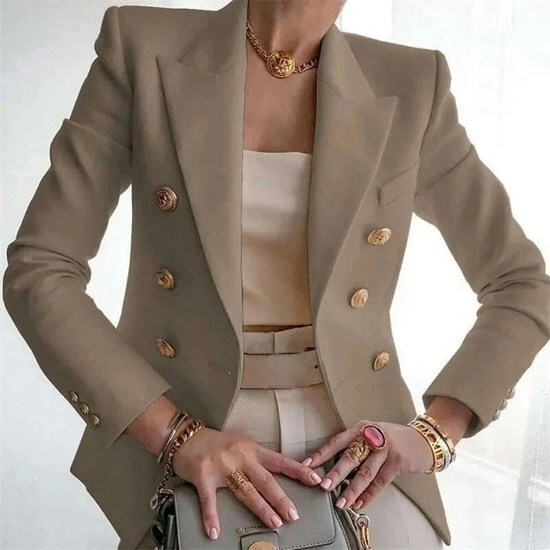KIMLUD, Women's Elegant Metal Buckle White Suit Jacket Casual Office lady Blazer High-end Feel Western-style Clothe, KIMLUD Womens Clothes