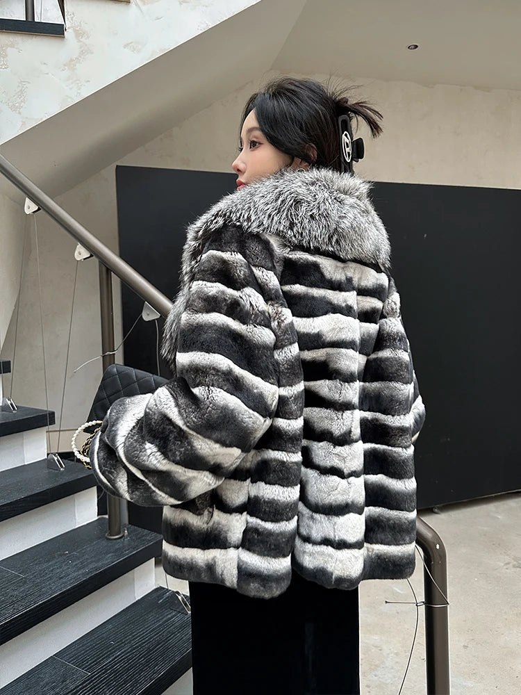 Winter Women Real Rex Rabbit Fur Coat 100% Natural Fur Jacket with Large Silver Fox Fur Collar Luxury Streetwear
