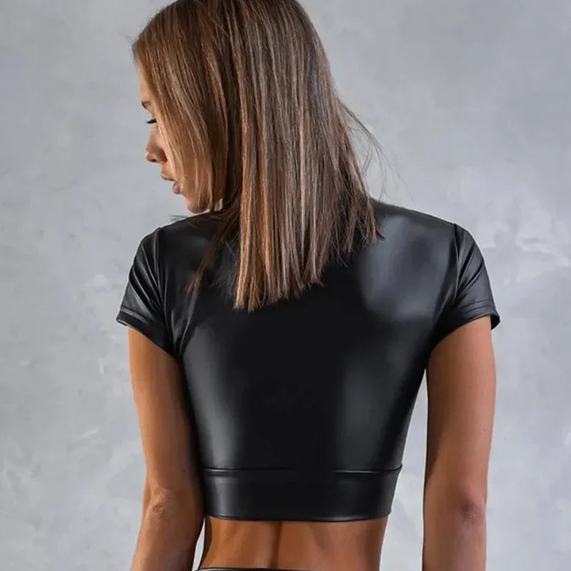 2024 Women's Tight T-shirt Spring/Summer New Bright Lacquer Leather Cross Short Top for Women