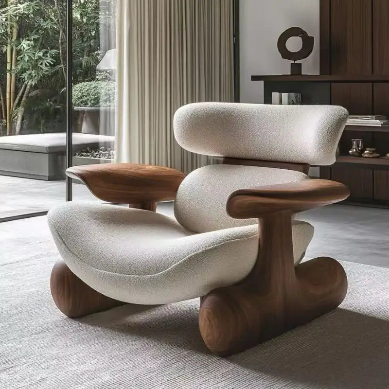Italian Wooden Armchair Ergonomic Comfort — Beige | KIMLUD