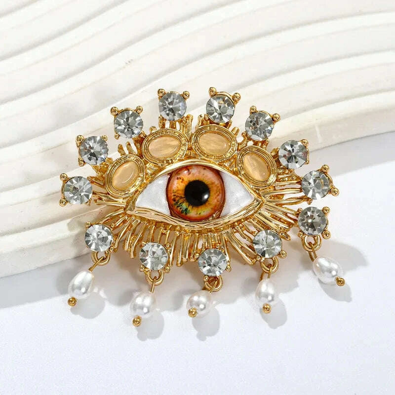 KIMLUD, Exaggerated Devil's Eye Brooch Baroque Pearl Tassel for Men Women Unisex Pin Jewelry European And American Vintage, KIMLUD Womens Clothes